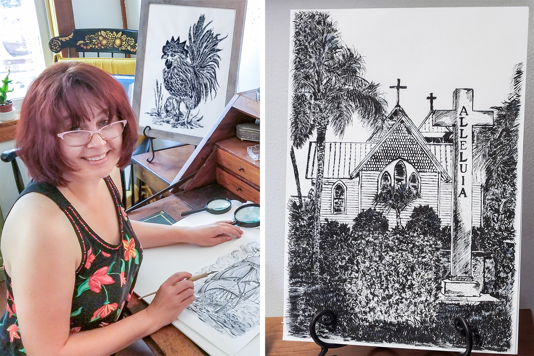 "All Saints Episcopal Church in Jensen Beach" Ink and Pen Drawing by Olga Hamilton.