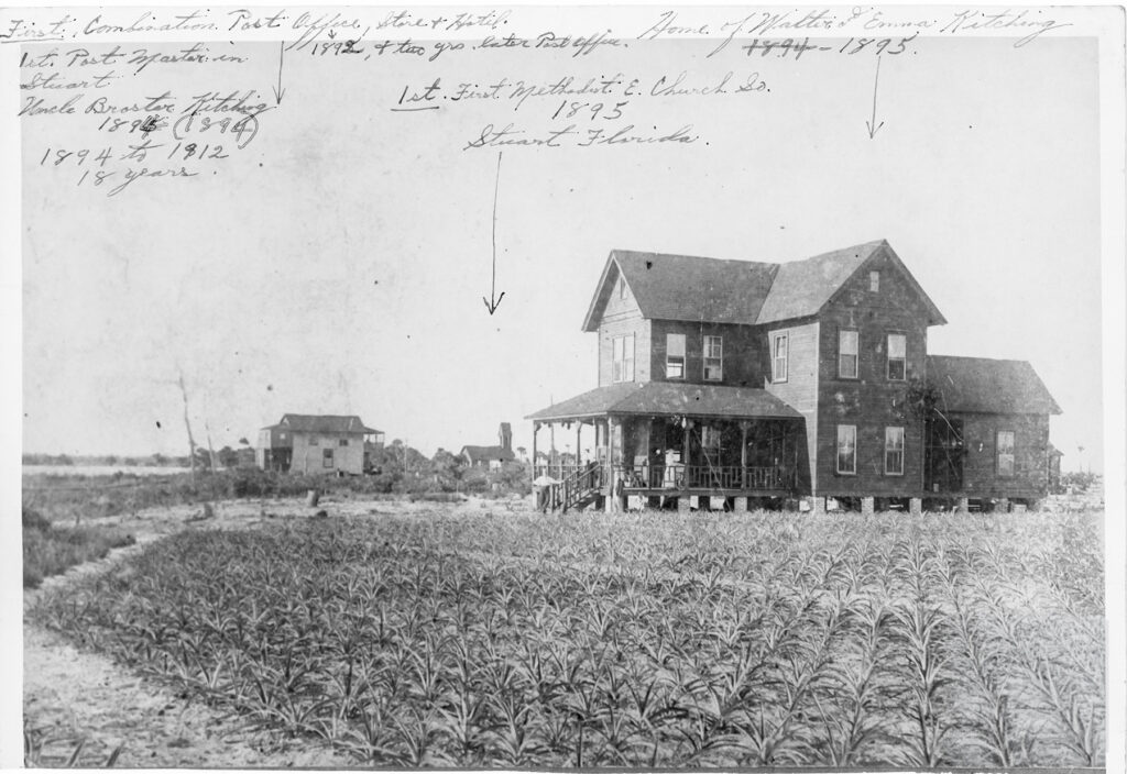 Walter and Emma Kitching's home, 1895. To the left stands the boarding house, store, and post office operated by Broster Kitching, who served as postmaster during the transition from Potsdam to Stuart. In the background, the steeple of the Methodist Church, built in 1895, can be seen. The church was constructed on land generously donated by Walter and Emma Kitching, whose contributions played an important role in the development of the young community. Scan gift of Josephine Paradise and the Taylor-Ashley Agency. martindigitalhistory.org
The 1895 Church of StuArt is a historical historical building of the first community church built in Stuart in 1895, and the oldest church building located in what is now Martin County, Florida. Supporting local history and art. Historic Preservation. Olga Hamilton Fine Art Studio. Art for sale in Stuart, Martin County, Florida. MartinArts. Discover Martin County.